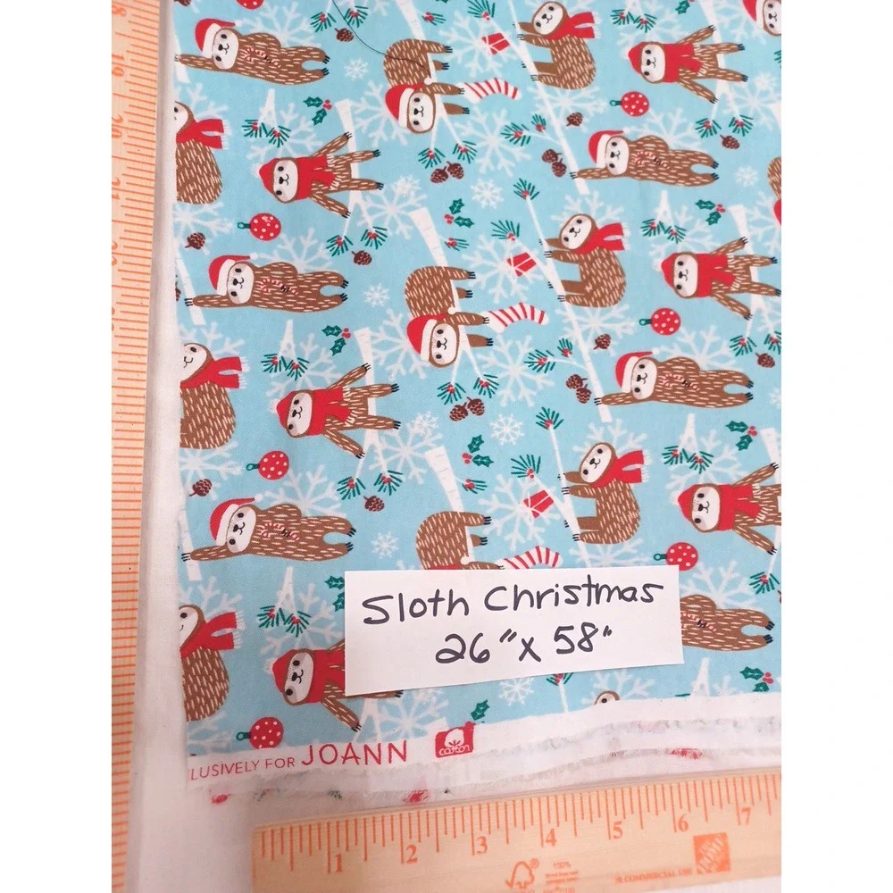 Jo-Ann Sloth Christmas Doodles Blue Red Knit Stretch Fabric 1 Pc 26x58